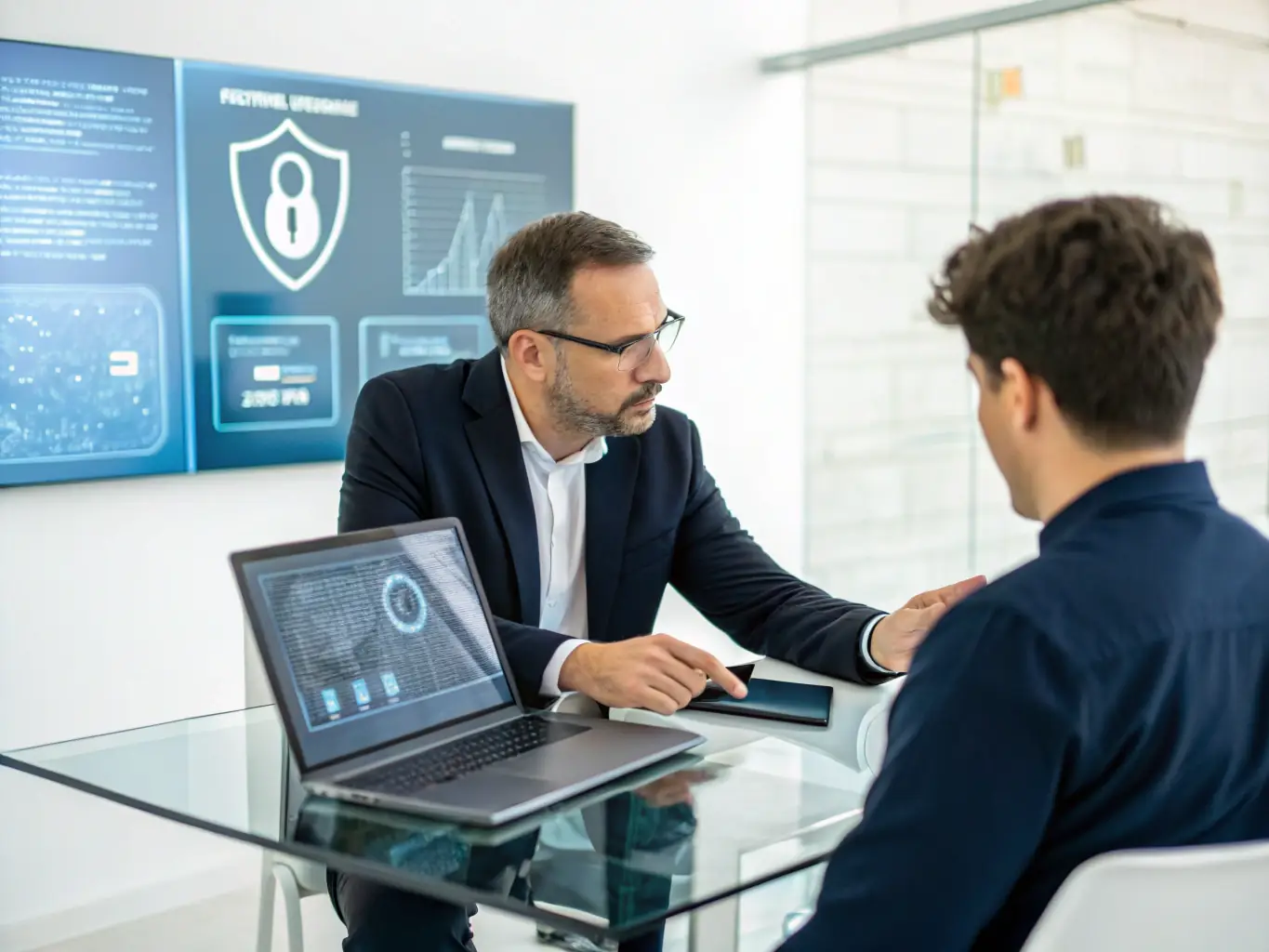 A consultant presenting a cyber threat assessment report to a business executive, highlighting vulnerabilities and recommended security measures, representing Fortress Cliff Cybersecurity's cyber threat assessments.