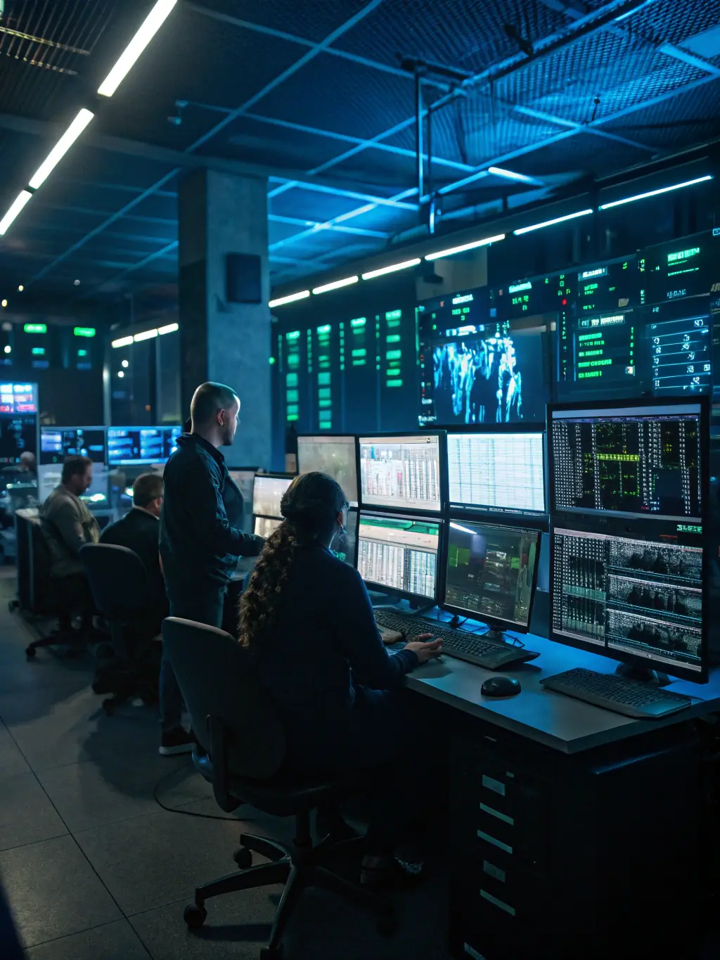 An image depicting a network security operations center (SOC) with analysts monitoring screens, highlighting 24/7 protection.
