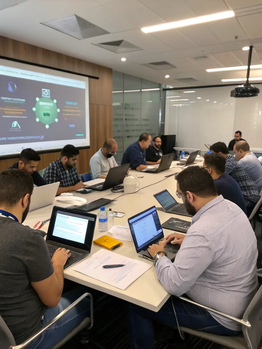 A professional photo of a diverse team of cybersecurity experts collaborating in a modern office environment, symbolizing trust and expertise.