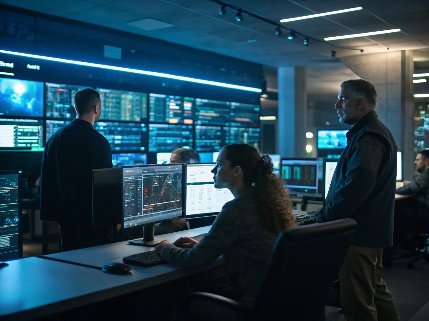 A security operations center (SOC) with analysts monitoring screens displaying real-time security data, representing Fortress Cliff Cybersecurity's 24/7 SOC monitoring.
